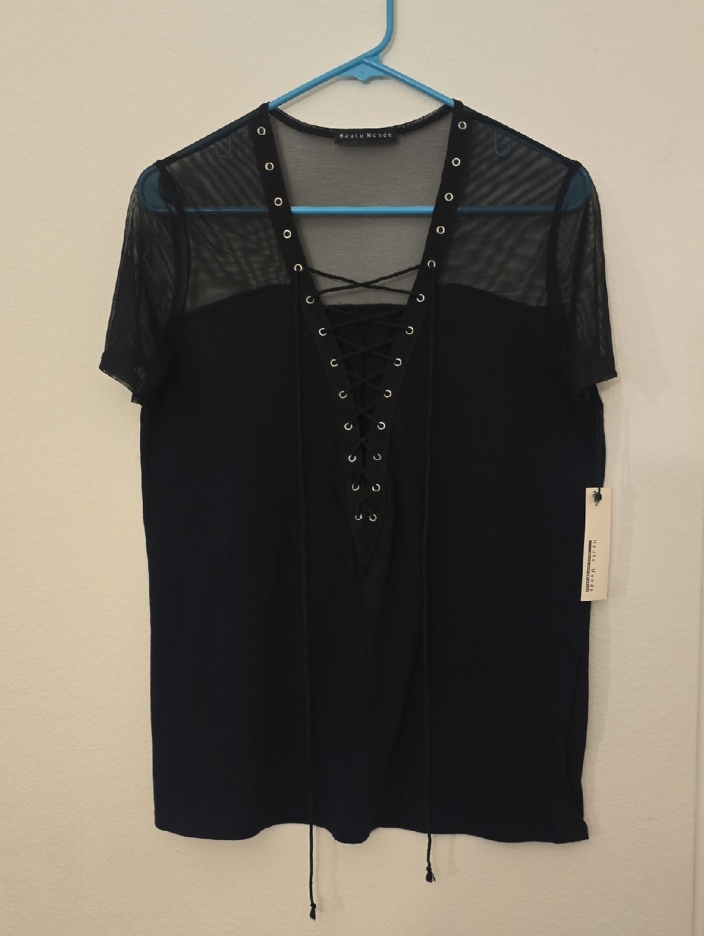 Haute Monde Black Lace-Up Short Sleeve Mesh Yoke Tee